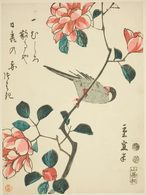 Sparrow on camellia branch — Utagawa Hiroshige II