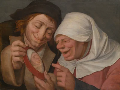 Two Peasants Looking at a Mirror — Follower of Jan Massys