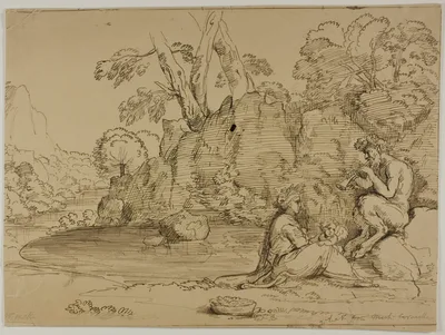 Satyr, Nymph and Putto by Pool — Michel Corneille the Younger