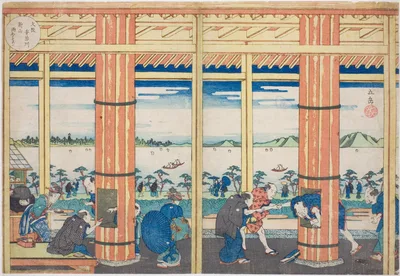 The Rain Shelter at Nii Hill by the Aji River, Osaka (Osaka Ajigawa Niiyama amayadori), from the series "Famous Places in Osaka: Fine Views of Mount Tenpo (Naniwa meisho Tenpozan shokei ichiran)" — Yashima Gakutei