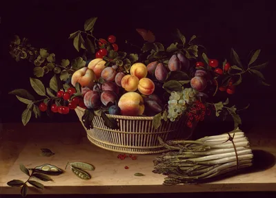 Still Life with a Basket of Fruit and a Bunch of Asparagus — Louise Moillon