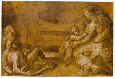 Two Reclining Beggars, and Seated Mother and Child, at Foot of Steps — Girolamo Macchietti