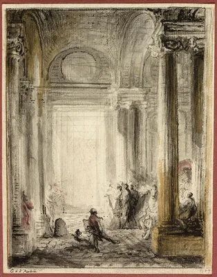 The Entrance of the Academy of Architecture at the Louvre — Gabriel de Saint-Aubin