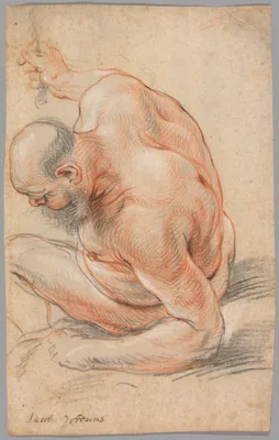 Nude Old Man Seated, Leaning on His Forearm, Facing Left — Jacob Jordaens