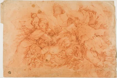 Allegorical Figures Holding the Papal Insignia, study after the Allegory of Divine Providence in Palazzo Barberini in Rome — Luca Giordano