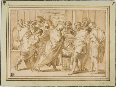 Scene from Roman History, with Draped Figure Presenting Book to Ruler — Eustache Le Sueur