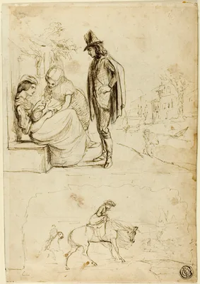 Two Sketches: Two Women and Baby with Man Looking On — George du Maurier
