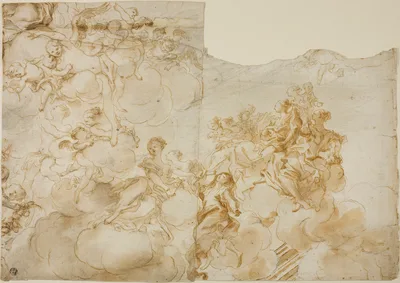 Female Figures with Putti in Clouds — Gregorio De Ferrari