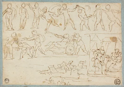 Frieze of Putti, Sketch of Lot and His Daughters, Sketch of Buildings — Agostino Carracci