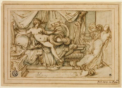 Olympias, Mother of Alexander, Visited by Zeus in the Guise of a Serpent — Andrea Boscoli