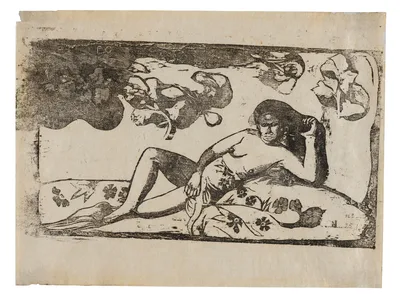 Te arii vahine—opoi (Woman with Mangos—Tired), from the Suite of Late Wood-Block Prints — Paul Gauguin