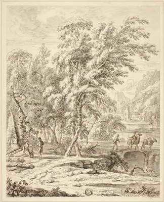 Italianate Landscape with Figures Crossing Bridge — Heinrich Meyring