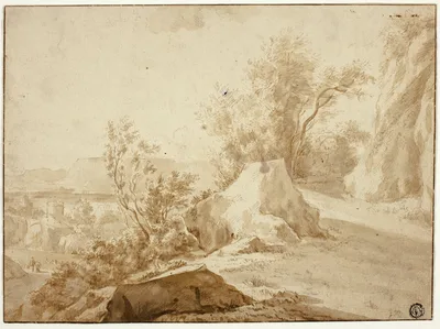 Rocks and Mountain Path, Figures and Town Below — Bartholomeus Breenbergh