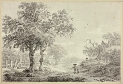 Man and Boy Walking Down Village Road — Jan van Goyen
