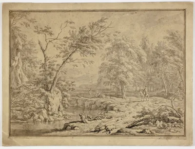 Landscape with Shepherds by River and Man on Horseback — Jan van Huysum