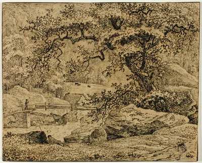 Landscape with Figure Resting Under Tree by Stream — Jacob van Ruisdael