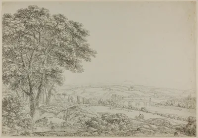 Wooded Pond with Bathing Figures, Vista of River Bridge, and Farms — Wilhelm von Kobell