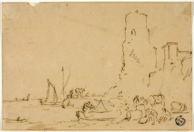 Fishermen Barreling Fish at Water's Edge — Thomas Wijck