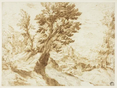 Hilly Landscape with Town in Distance — Agostino Carracci