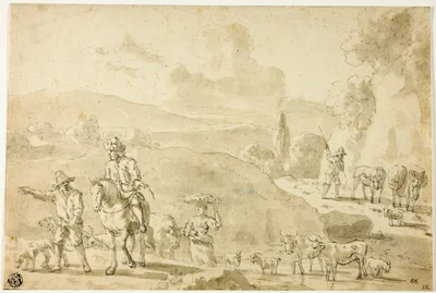 Cows, Sheep, Goats Being Herded, Herdsman Giving Directions to Traveler on Horseback — Abraham Begeyn
