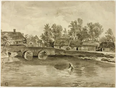 Man Fishing in River Near Village — Jan Baptiste de Jonghe
