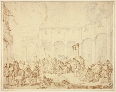 Wounded Soldiers in a Courtyard on Town Square — Cornelis de Wael