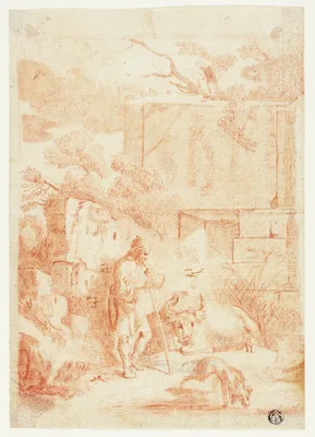 Cowherd with Bull and Dog in Ruins — Johann Heinrich Roos