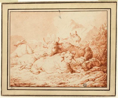 Cattle and Sheep with Herdsman in Rocky Landscape — Johann Heinrich Roos