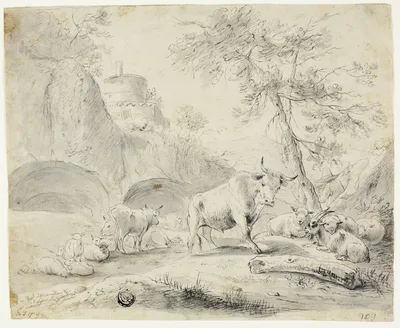 Landscape with Herdsman and Sheep, Goat, Cattle — Johann Heinrich Roos
