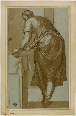 Standing Man Seen From Behind Cutting Bread — Domenico Tintoretto