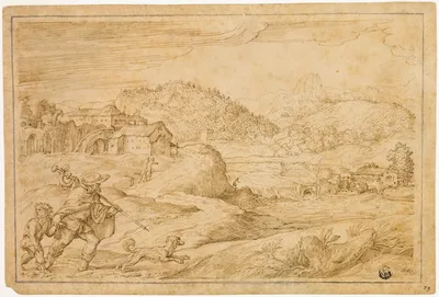 River Landscape with Saint Roch and a Child Traveling with Dog — Domenico Campagnola