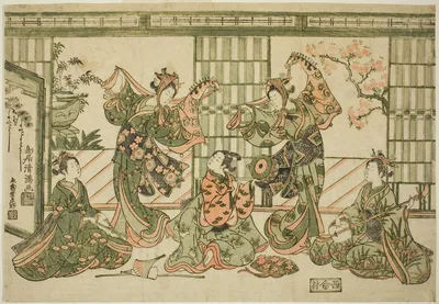 Entertainers performing the hobby-horse dance — Torii Kiyomitsu