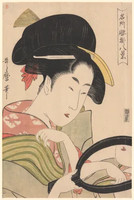 Mirror, from the series “Eight Views of Tea-stalls in Celebrated Places" ("Meisho koshikake hakkei") — Kitagawa Utamaro