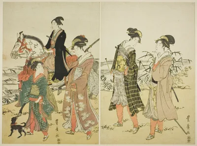 Party of falconers near river — Utagawa Toyohiro