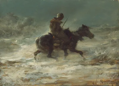 Man with Lance Riding through the Snow — Adolf Schreyer