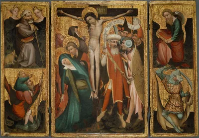 Triptych of the Crucifixion with Saints Anthony, Christopher, James and George — Netherlandish