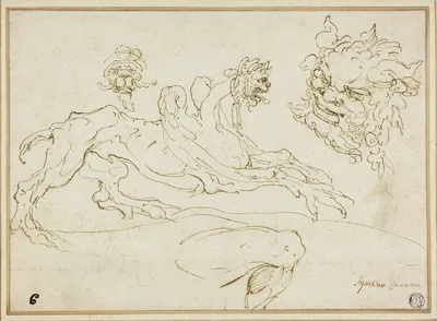 Four Sketches: Griffin, Grotesque Head, Head of Satyr, Bent Leg — Agostino Carracci