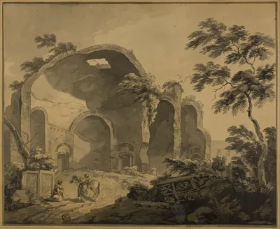 Roman Ruins with Two Peasants Conversing in the Foreground — Charles-Louis Clérisseau