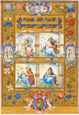 The Four Evangelists, within a Border of Flowers, Birds, and Insects — Giulio Clovio
