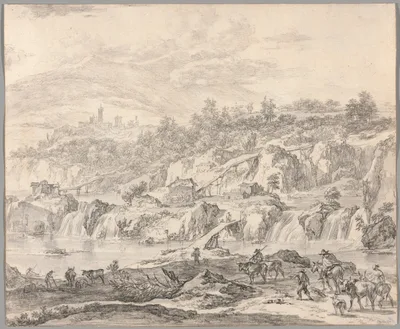 Landscape with Waterfalls and Bridges, Peasants in the Foreground — Nicolaes Pieterszoon Berchem