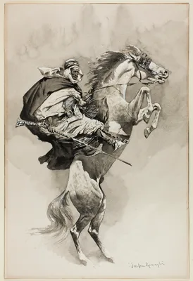"As They Threw their Animals Back upon their Haunches," illustration for An Arabian Day and Night, in Harper's New Monthly Magazine — Frederic Remington