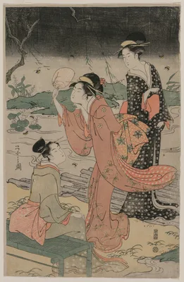 Women Beside a Stream Chasing Fireflies — Hosoda Eishi