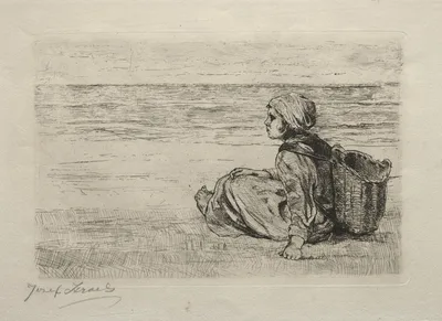 Girl with basket seated on the shore — Jozef Israëls