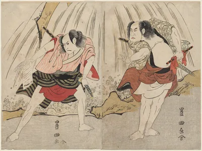 Kataoka Nizaemon VII and Ichikawa Yaozo III in a Confrontation Beside a Waterfall — Utagawa Toyokuni I