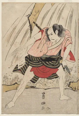 Kataoka Nizaemon VII and Ichikawa Yaozo III in a Confrontation Beside a Waterfall — Utagawa Toyokuni I