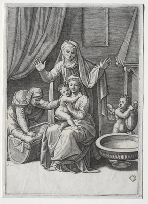 The Virgin and  the Cradle with Saint Elisabeth and Saint Anne — Marcantonio Raimondi