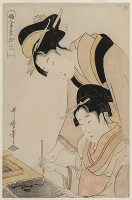 Mother Teaching her Daughter Calligraphy, from the series, Twelve Occupations of Women — Kitagawa Utamaro