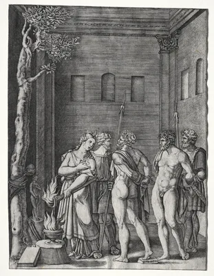 Orestes and Pylades brought to Iphigenia for Sacrifice — Agostino Veneziano