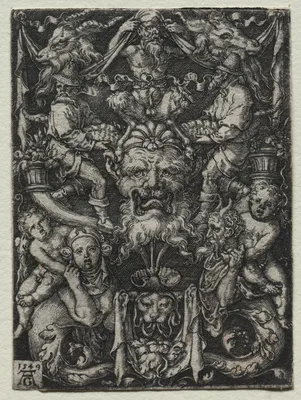 Ornament Design with a Mask, A Couple of Tritons, and Two Children Below — Heinrich Aldegrever