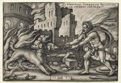 The Labors of Hercules: Hercules Dragging Cerberus from the Underworld — Hans Sebald Beham